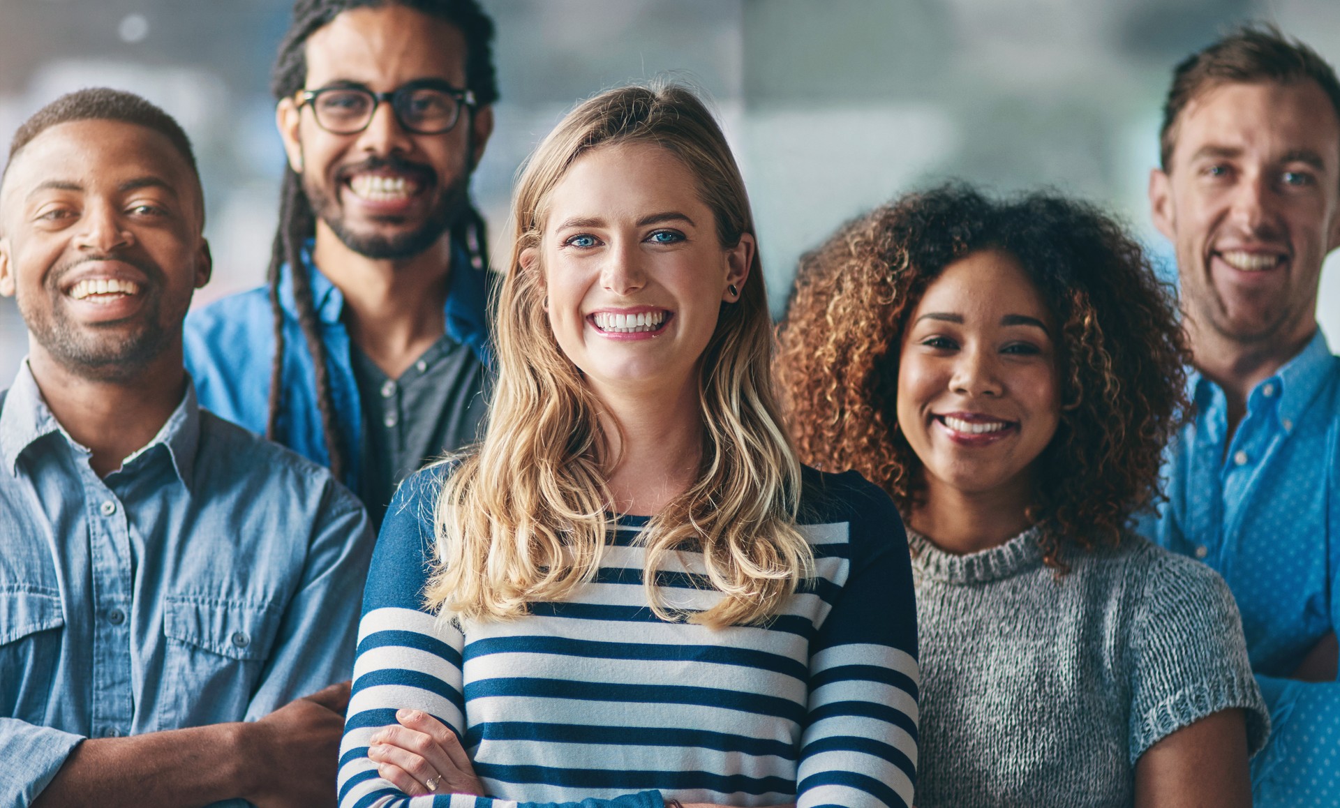 Group, people and diversity in portrait at startup with smile, support and creativity in modern office. Women, men and team building with solidarity at media agency for collaboration in workplace